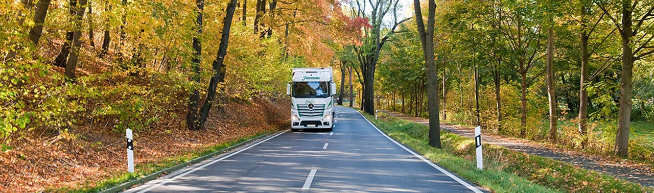 Ein weißer LKW fährt auf einer Allee mit Herbstbäumen und bunten Blättern.